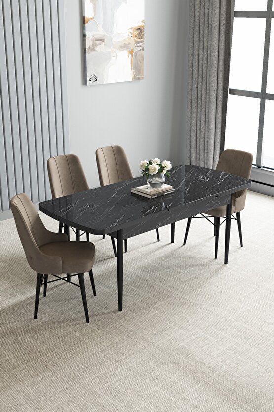 Siyah Mermer Desen 80x132 Açılabilir Mutfak Masası Takımı 4 Adet Sandalye