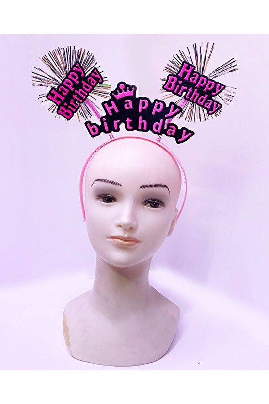 Parti Happy Birthday Püsküllü Neon Pembe Renk Doğum Günü Tacı 22x19 cm