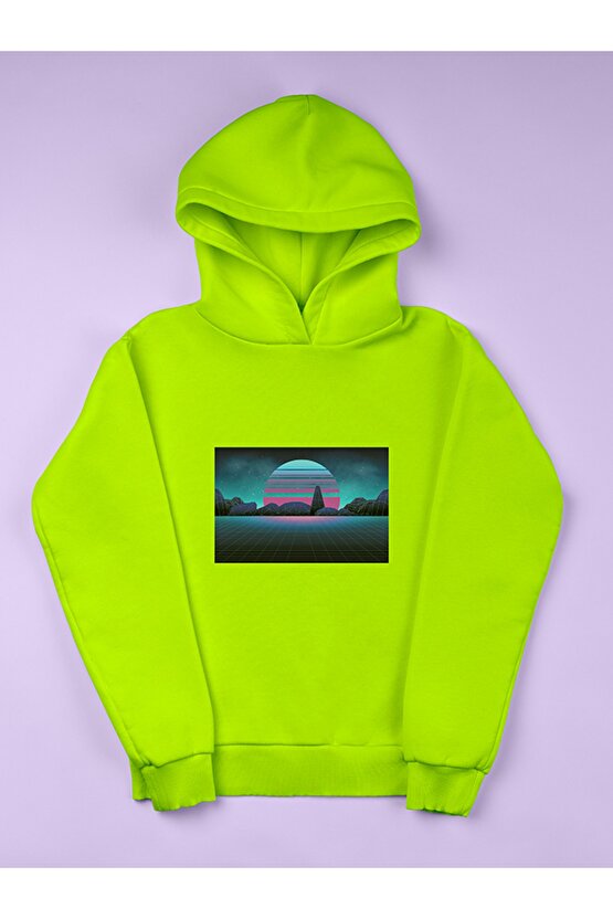 Vapor Wave Şehir Baskılı Tasarım 3 Iplik Kalın Neon Sarı Hoodie Sweatshirt