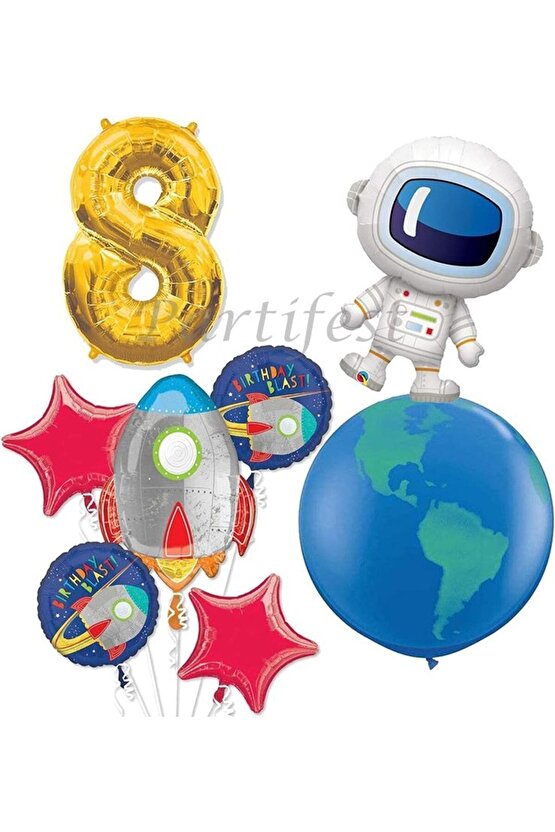 Uzay Kozmik Galaksi Astronot Roket 8 Yaş Balon Set Yıldız Balon Folyo Set Konsept Doğum Günü Set