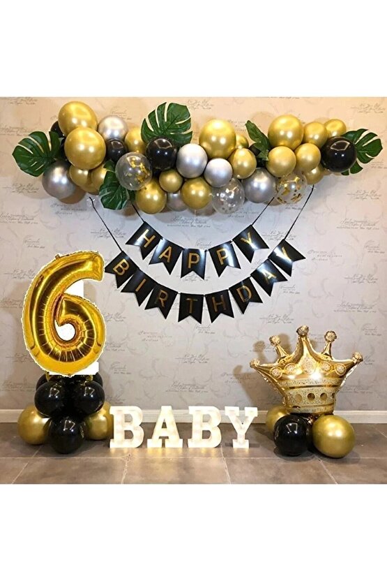 Kral Taçlı Balon Seti 6 Yaş Happy Birthday Zincir Balon Doğum Günü Seti