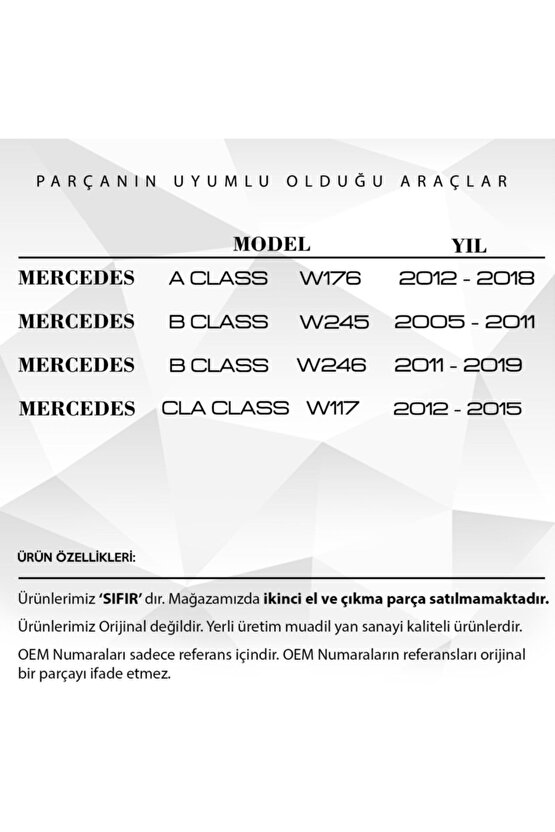 Mercedes A Class W176, B Class W246 Uyumlu Port Bagaj Çıta Kapağı