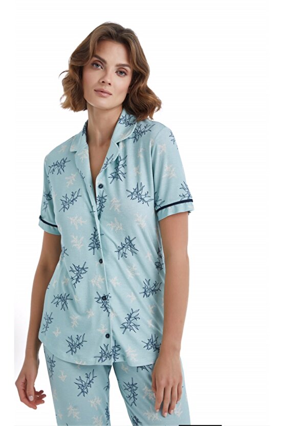 Kadın Kısa Kollu Gömlek Yaka Pijama Takımı- 51411-Açık Yeşil