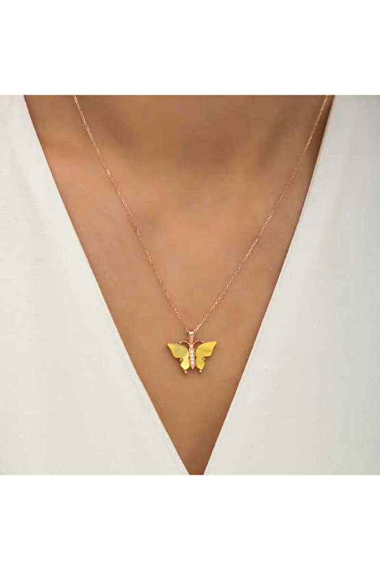 Himarry 925 Ayar Gümüş Rose Sarı Kaplangözü Taşlı Kelebek Kolye