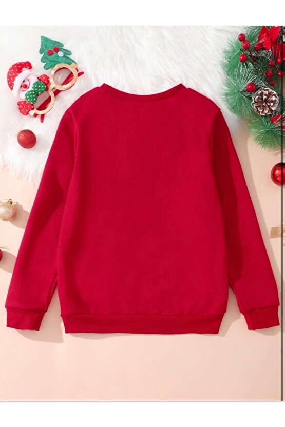 Gözlüklü Noel Baba Baskılı Kırmızı Oversize Sweatshirt