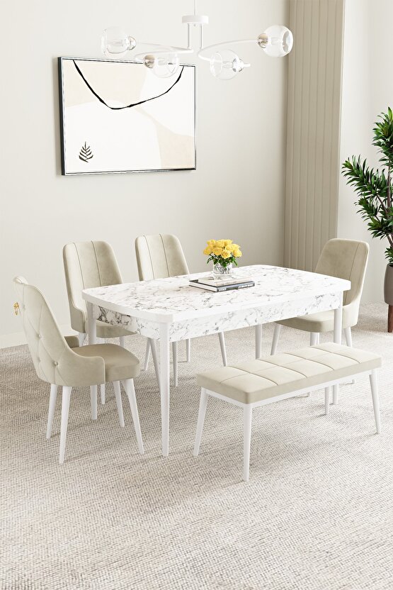 Beyaz Mermer Desen 80x132 Açılabilir Mutfak Masası Takımı 4 Sandalye, 1 Bench