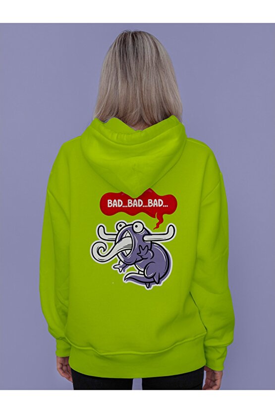 Monster Arkası Baskılı Tasarım 3 Iplik Kalın Neon Sarı Hoodie Sweatshirt