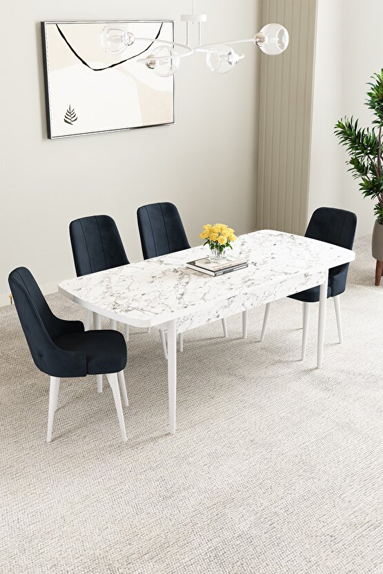 Clara Beyaz Mermer Desen 80x132 Açılabilir Mutfak Masası Takımı 4 Adet Sandalye