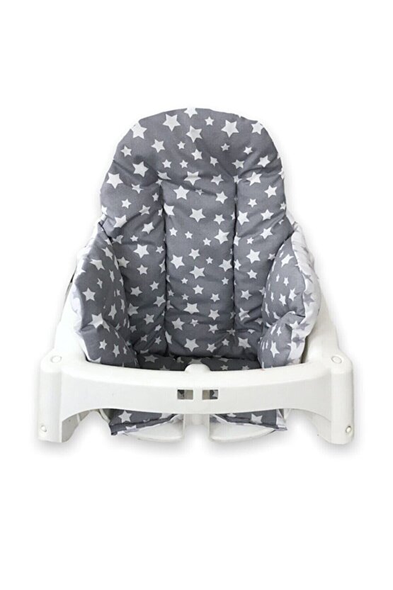 Pamuklu Bebek Çocuk Mama Sandalyesi Minderi Beyaz Gri Yıldızlı