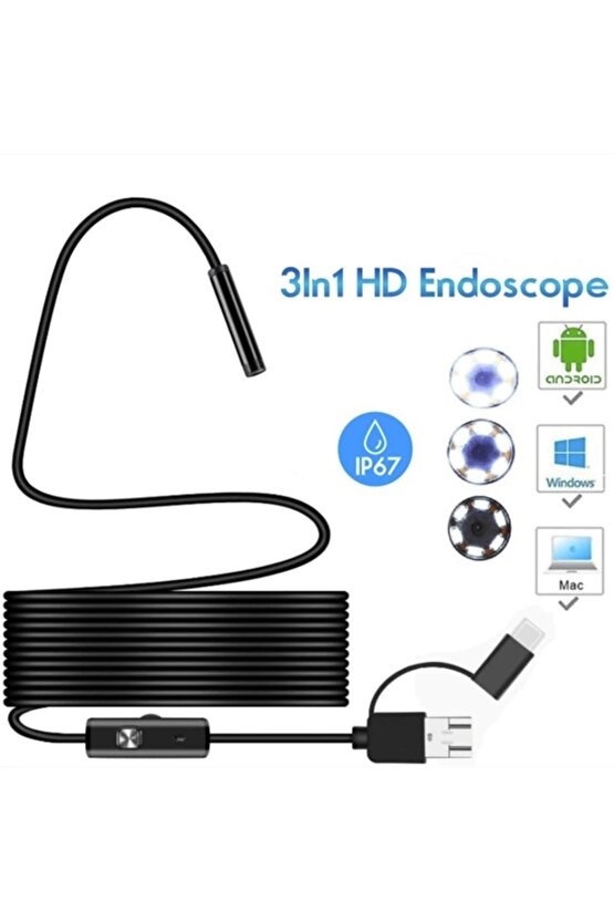 3ü 1 Arada Endeskop Kamera Mikrofon Usb Ve Tip-c 6 Led Su Geçirmez 5 Metre Borescope Yılan Kamera