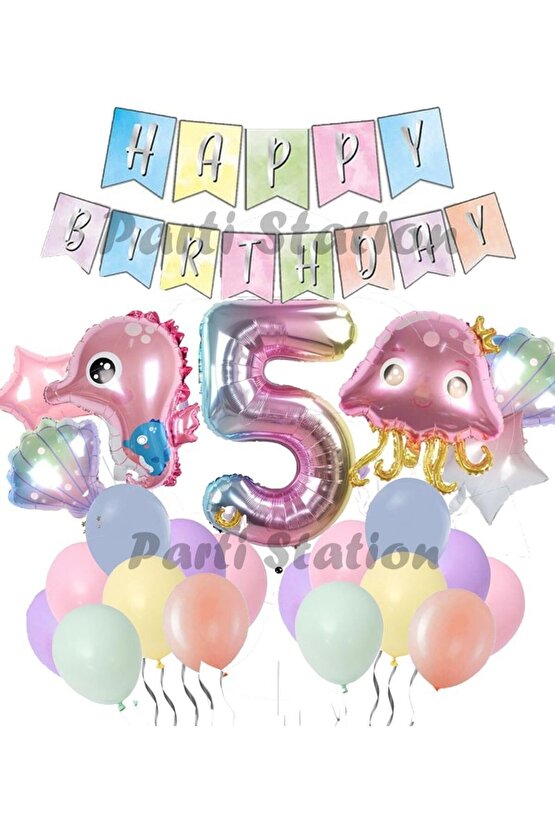 Okyanus Hayvanları Deniz Canlıları 5 Yaş Balon Set Deniz Anası Deniz Atı Happy Birthday Balon Set