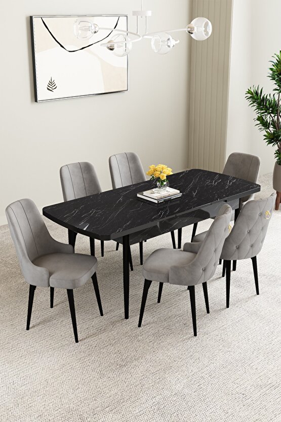 Mabel Siyah Mermer Desen 80x132 Açılabilir Mutfak Masası Takımı 6 Adet Sandalye
