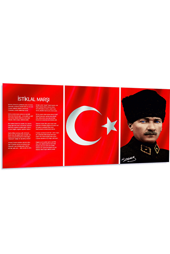 Atatürk, Türkiye Bayrağı ( Ay Yıldız Bayrak ) İstiklal Marşı Üçlü Kombin Cam Tablo Dekoru
