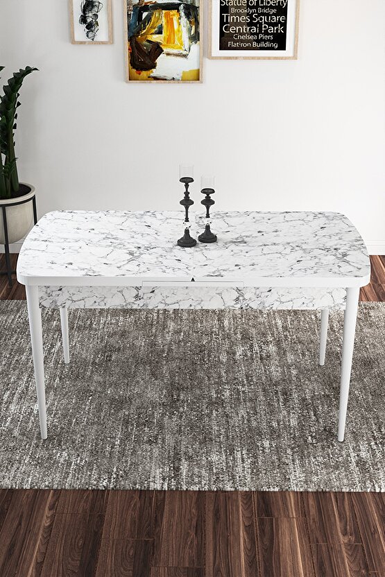 Elis Beyaz Mermer Desen 80x132 Açılabilir Mutfak Masası Takımı 4 Adet Sandalye