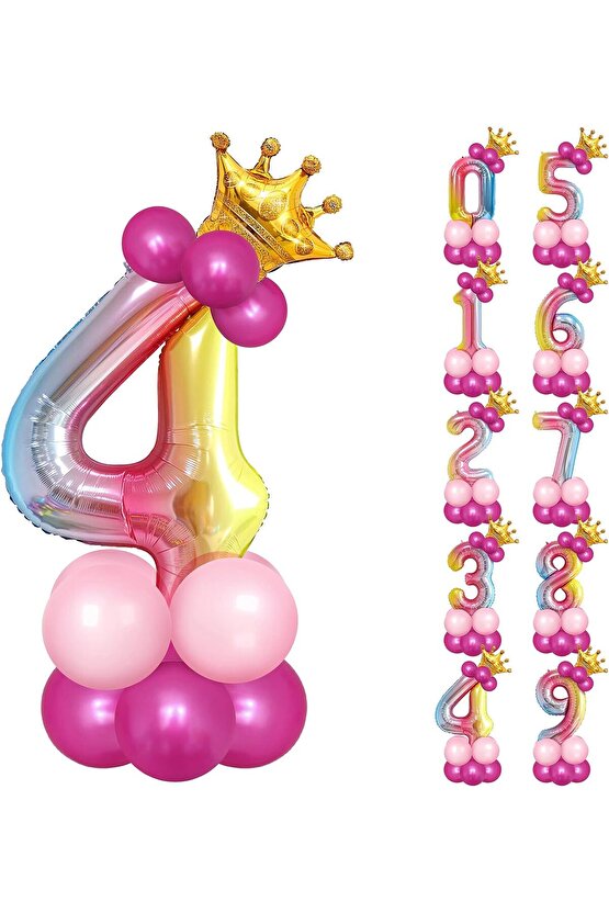 Gökkuşağı Rakam Balonlu 4 Yaş Doğum Günü Parti Karşılama Balon Seti Rengarenk Konsept Doğum Günü