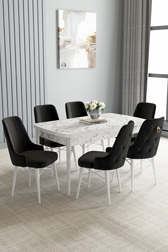 Jusie Beyaz Mermer Desen 80x132 Açılabilir Mutfak Masası Takımı 6 Adet Sandalye