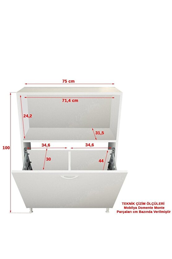 Mobilya Özlem 2 Sepetli Bölmeli Beyaz Kirli Çamaşır Dolabı Ard139