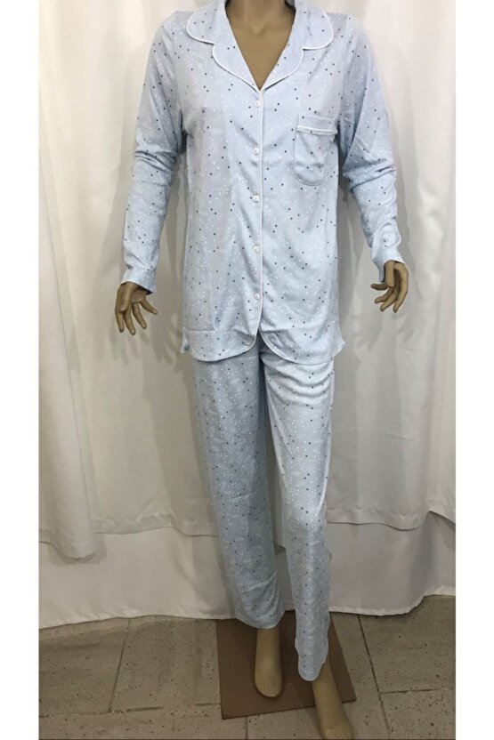 Önden Açıkbayan Pijaması-14126-mavi