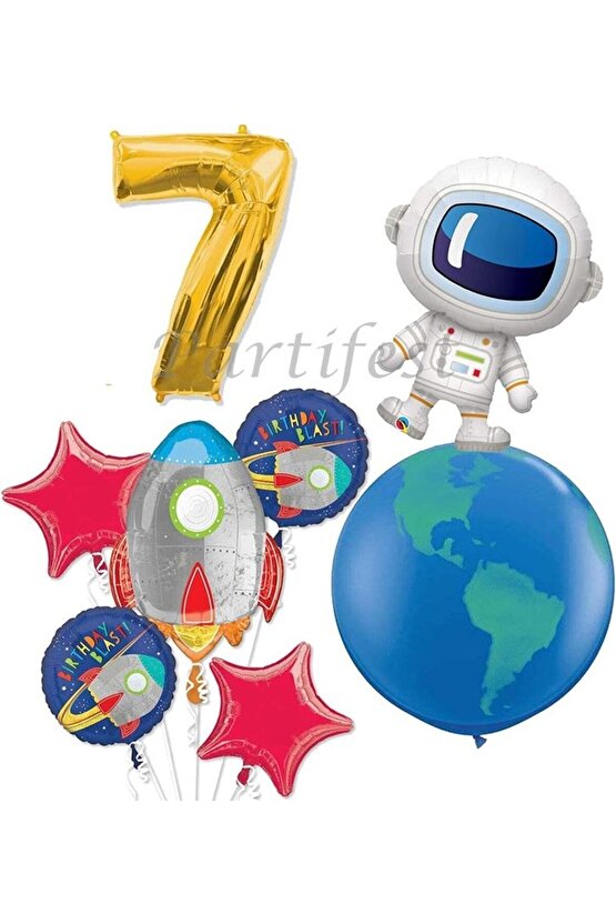 Uzay Kozmik Galaksi Astronot Roket 7 Yaş Balon Set Yıldız Balon Folyo Set Konsept Doğum Günü Set