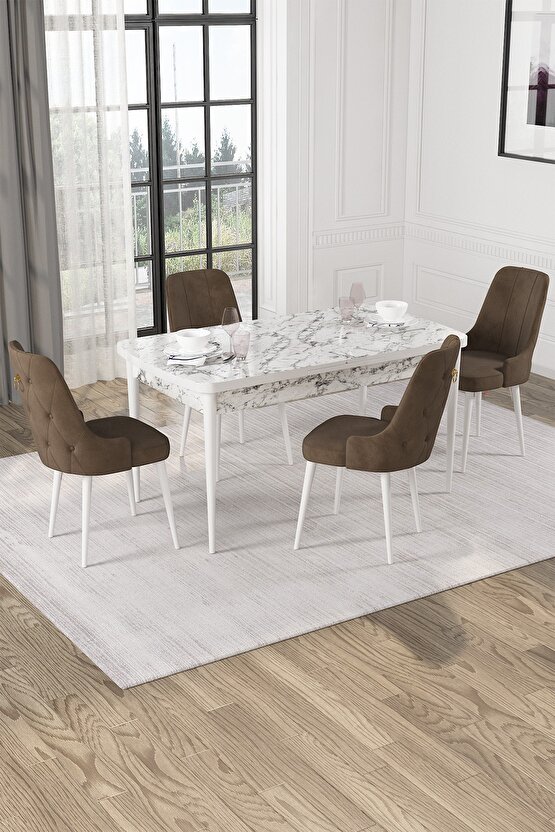 Rovena Alya Beyaz Mermer Desen 80x132 Açılabilir Mdf Yemek Masası Takımı 4 Adet Sandalye BH11069