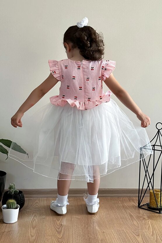 Yazlık Elbise Kısa Kollu Tüllü Tütü Astarlı Kız Çocuk Elbise Bebek Giyim Kız Bebek Elbise