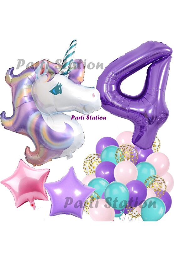 Mor Rakam Balonlu Unicorn Konsept 4 Yaş Doğum Günü Balon Set Mor Unicorn Tema Folyo Balon Set