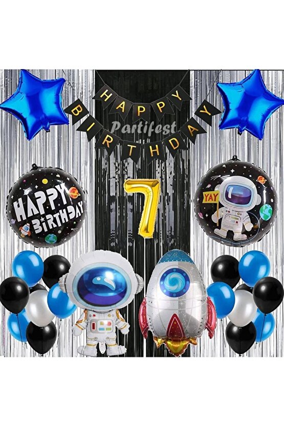 Kozmik Uzay 7 Yaş Balon Seti Galaksi Konsept Helyum Balon Set Astronot Uzay Mekiği Doğum Günü Set