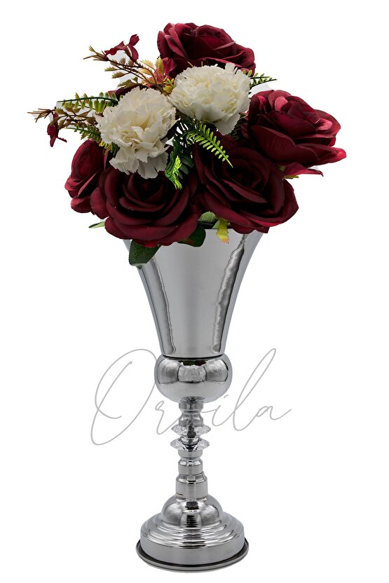 Dekoratif Gümüş Renk Taşlı Kupa Vazo Söz Nişan Düğün Konsept