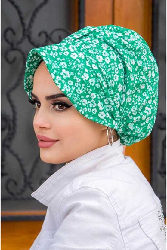Yeşil Papatya Desenli Şapka