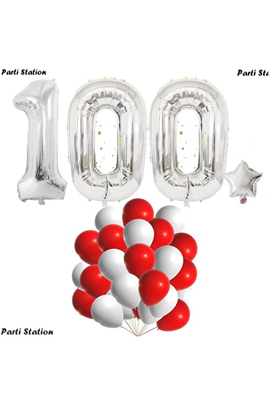 Cumhuriyetin 100. Yılı Balon Set Gümüş Renk 100 Rakam Balon Set 29 Ekim Kırmızı Beyaz Balon 36 cm