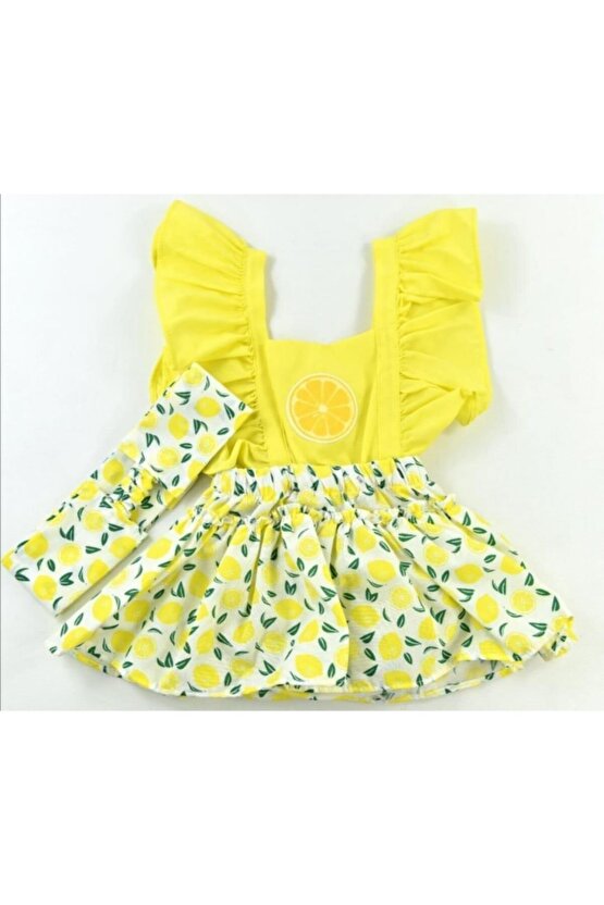 Sarı Kız Bebek Elbise Modelleri Bandanalı Tatlı Meyveler Çocuk Elbise Kıyafetleri