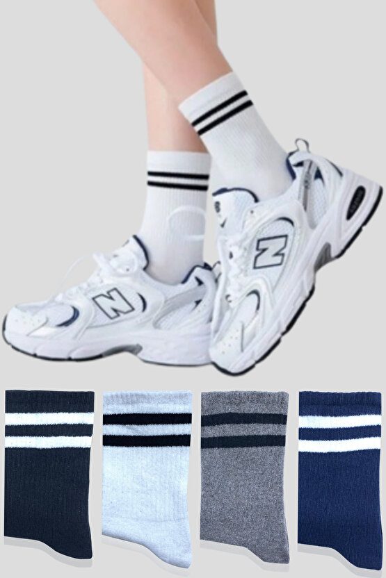 Kız - Erkek Düz Çizgili (4 ÇİFT) Çorap Tenis Model Pamuklu Terletmez Öğrenci Okul Çorabı