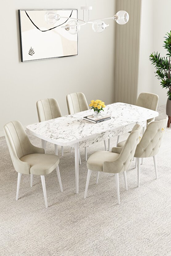 Mabel Beyaz Mermer Desen 80x132 Açılabilir Mutfak Masası Takımı 6 Adet Sandalye