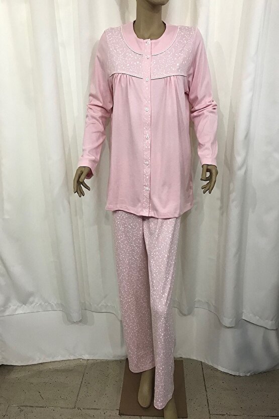Nena Kadın Robalı Önden Açık Pijama Takım-14278-Somon