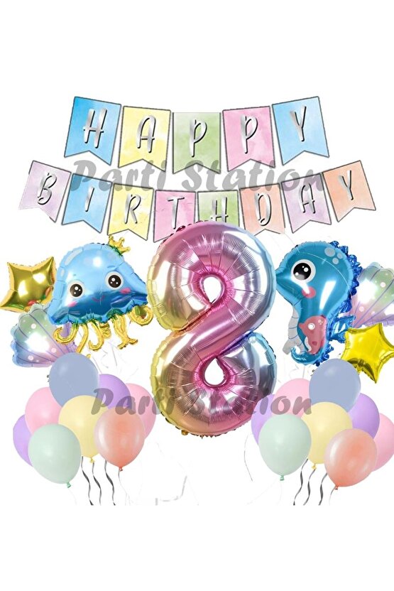 Okyanus Hayvanları Deniz Canlıları 8 Yaş Balon Set Deniz Anası Deniz Atı Happy Birthday Balon Set