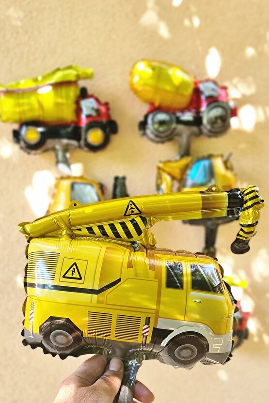 İnşaat Araçları Konsept Doğum Günü 4 Yaş Balon Set Mini Boy Kepçe Dozer Mikser Kamyon Forklift Balon