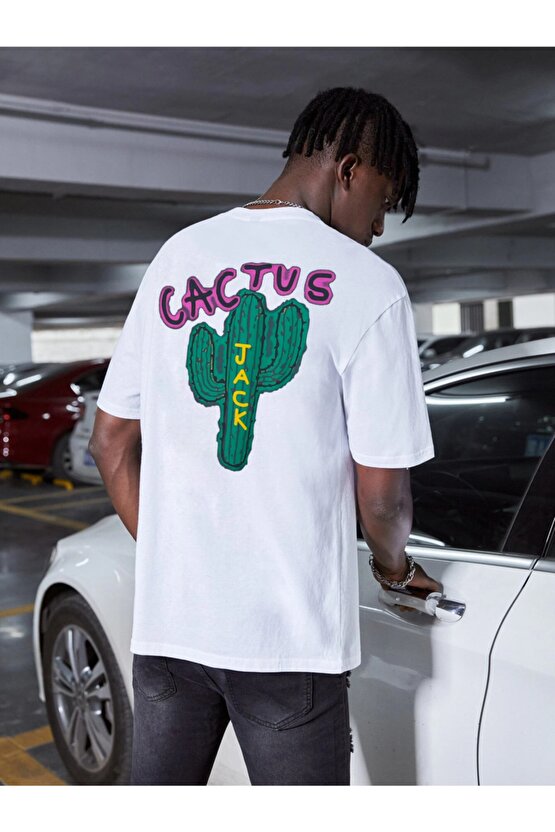 Cactus Jack Sırt Baskılı Beyaz Oversize Unisex Tshirt
