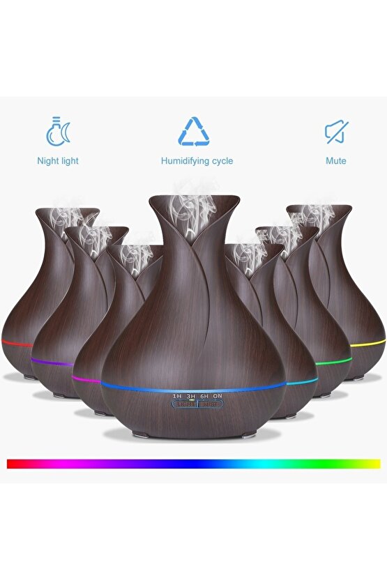 Aroma Terapi Oda Hava Nemlendirici Işıklı Ultrasonik Buhar Makinesi Ahşap Görünüm 7 Renk Led Işıklı