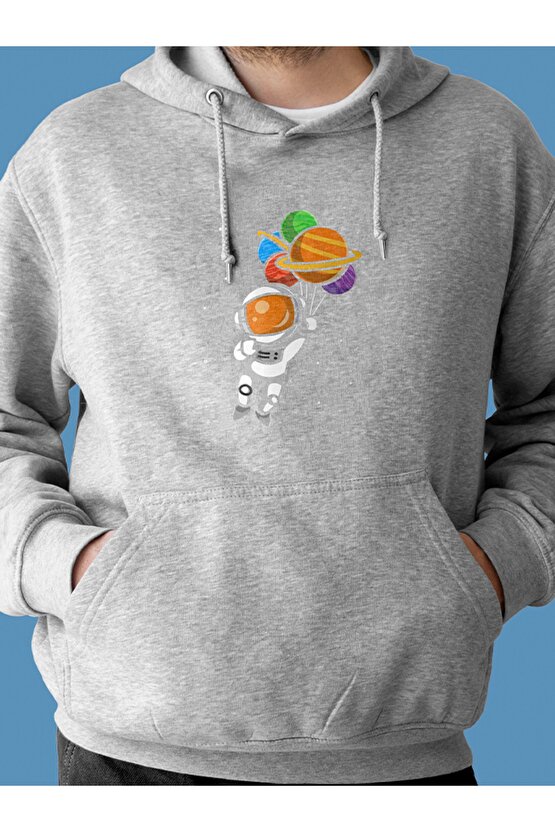 Astronot Baskılı Tasarım 2 Iplik Şardonlu Beyaz Hoodie Sweatshirt