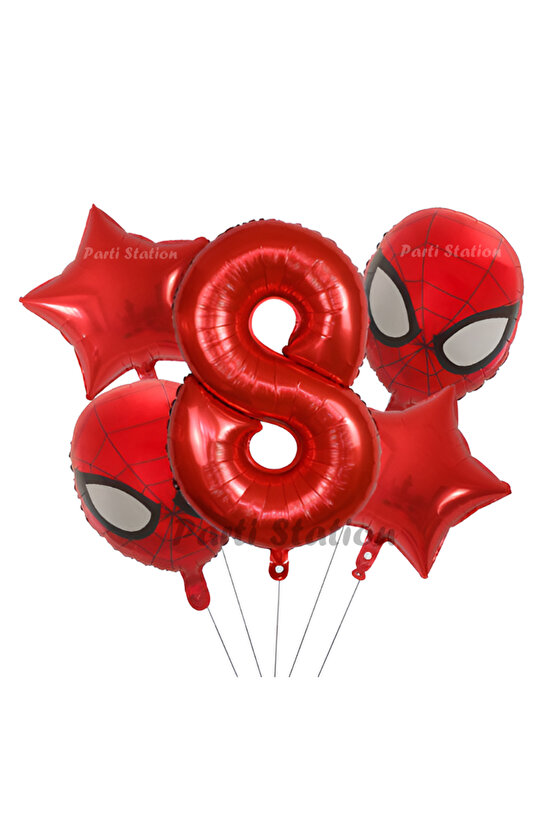 Spiderman Örümcek Adam 8 Yaş Balon Set Spiderman Konsept Kırmızı Rakam Balon Doğum Günü Set