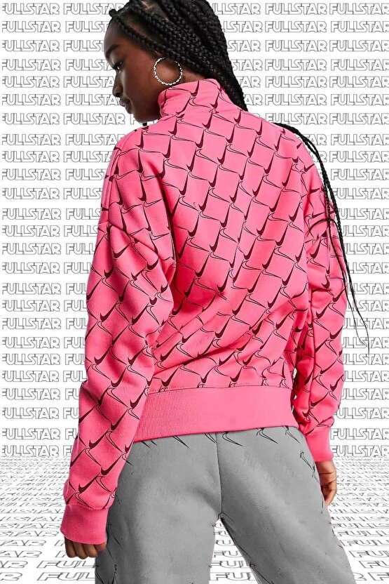 Trend Swoosh Printed Fleece Hoodie 14 Zip Yarım Fermuarlı Pembe Sweatshirt