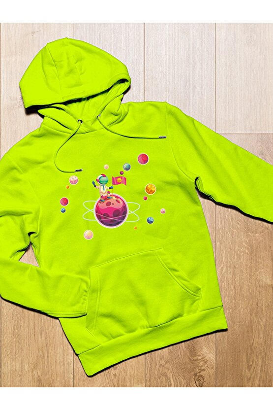 Uzay Baskılı Tasarım 3 Iplik Kalın Neon Sarı Hoodie Sweatshirt