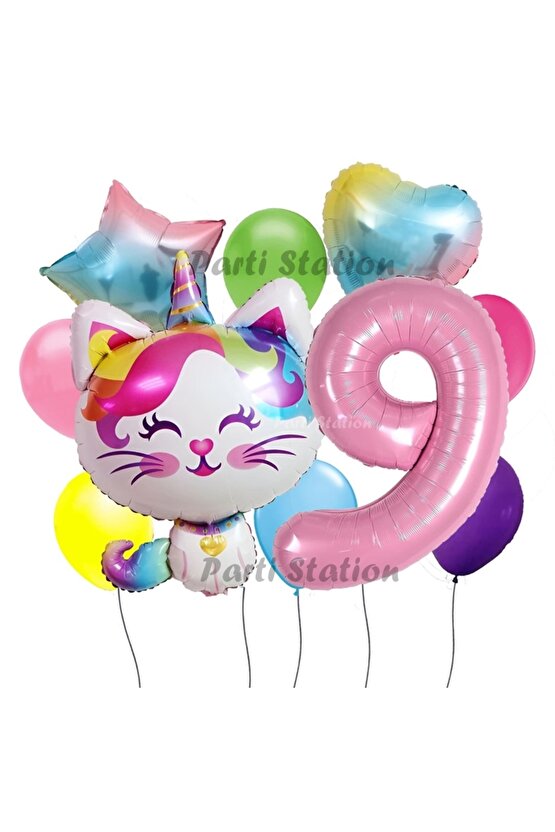 Unicorn Kedi Kitty Konsept 9 Yaş Doğum Günü Parti Balon Set Sevimli Unicorn Kedi Tema Parti Set