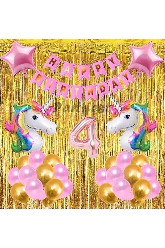 Gökkuşağı Unicorn Konsept 4 Yaş Balon Doğum Günü Set Gökkuşağı Altın Renk Unicorn Yaş Balon Set