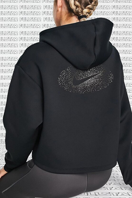 Dri Fit Graphic Glitter Hoodie 14 Zip Yarım Fermuarlı Kapüşonlu Sweatshirt Siyah