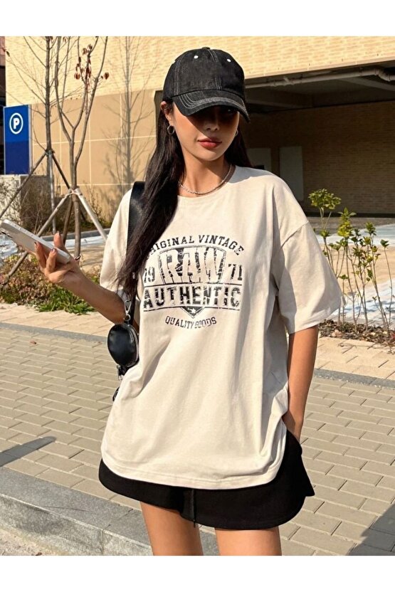 Kadın Oversize Original Vintage Baskılı Beyaz Tshirt