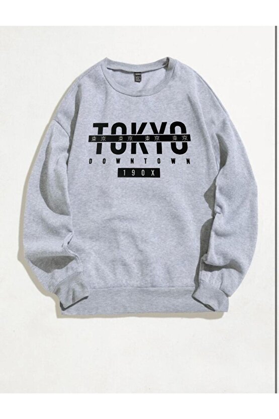 Oversize Tokyo Baskılı Gri Sweatshirt