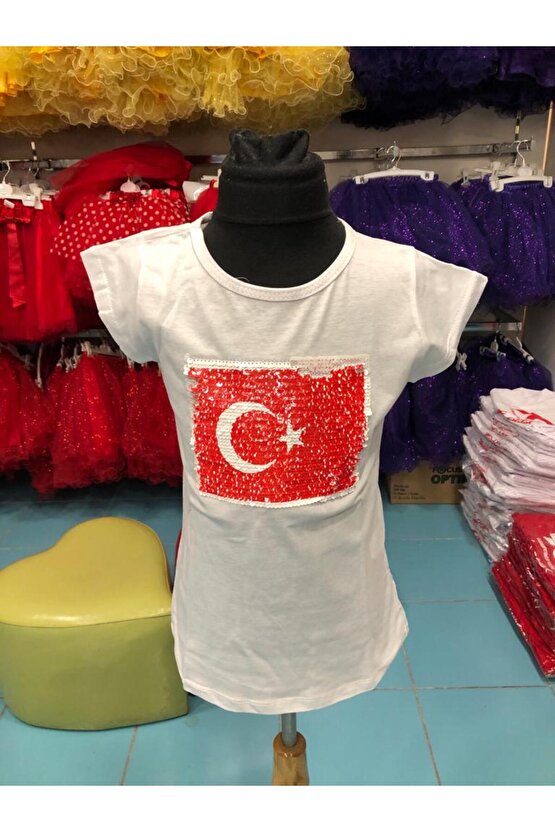 Atatürk ve bayrak çift taraflı payetli çocuk tşört