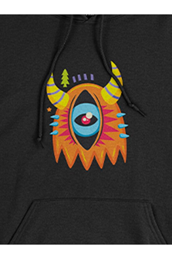 Monster Serisi Göz Baskılı Tasarım 2 Iplik Şardonlu Gri Hoodie Sweatshirt