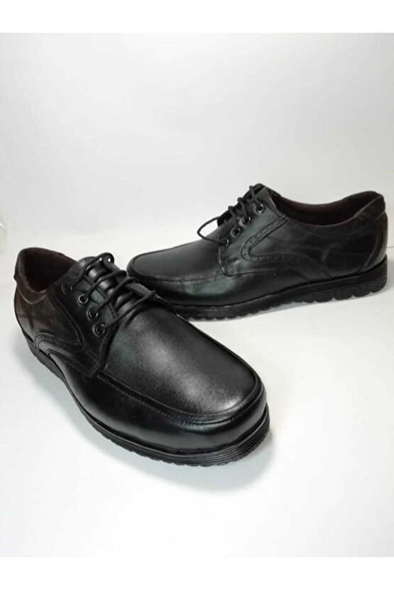 Erkek Siyah Bağcıklı Içi Sıcak Astar Hakiki Deri Ortapedik Taban Kauçuk Rahat Ayakkabı